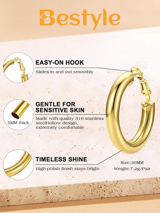Bestyle 5mm Thick Gold Hoop Earrings Hypoallergenic Hoops for Sensitive Ears Trendy Lightweight Chunky Earrings for Women 30/40/60/80mm