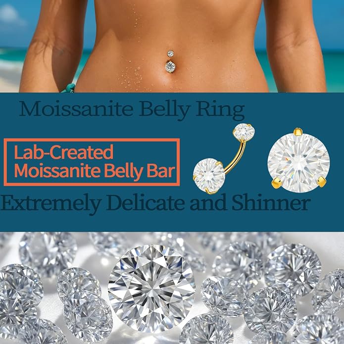 Sparkling Moissanite Belly Button Ring, 14G G23 Surgical Grade Titanium with 14K Gold Plated | Internally Threaded & Hypoallergenic for Sensitive Skin | Unisex Body Jewelry