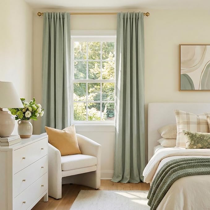 100% Blackout Shield Linen Blackout Curtains for Bedroom 102Inches Long, Back Tab/Rod Pocket Living Room Drapes, Thermal Insulated Blackout Curtains 2 Panels Set, 50" W x 102" L,Sage Green