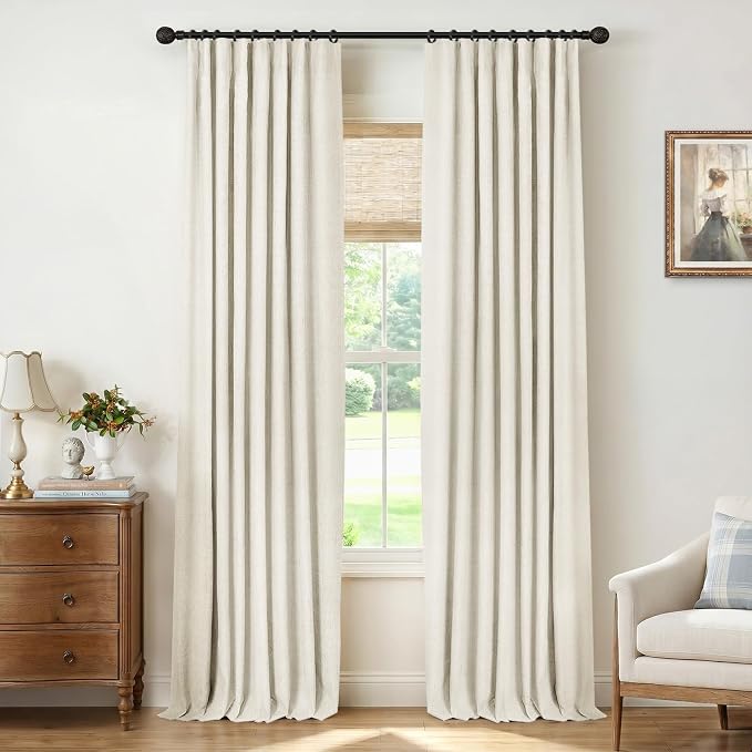INOVADAY 100% Blackout Curtains for Bedroom, Black Out Curtains 80 Inch Long, Clip Rings Linen Blackout Drapes, Thermal Insulated Room Darkening for Living Room, 2 Panels - Beige White,W50xL80