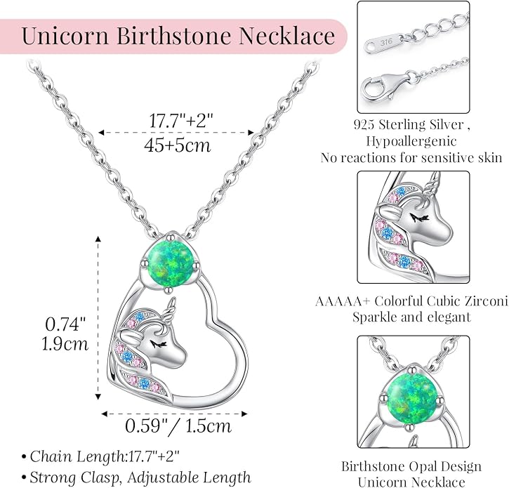 CDE Christmas Gift for women Cute Unicorn Birthstone Necklace for Girls Daughter 925 Sterling Silver Opal Heart Pendant Graduation Birthday Christmas Jewelry Gift for Teenage Girls Niece