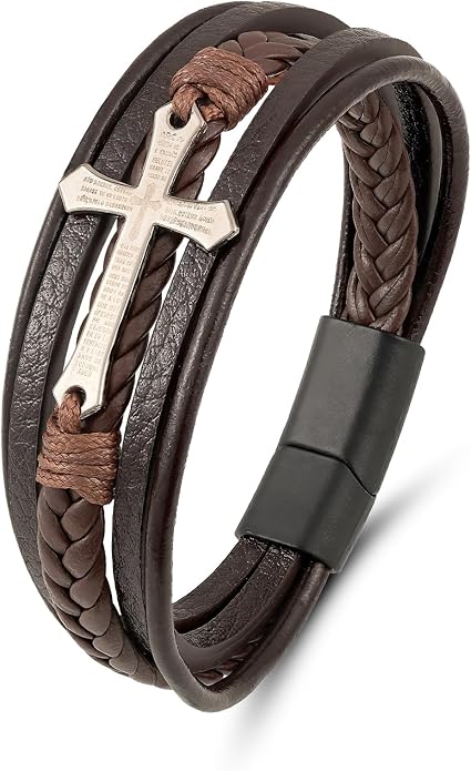 Mens Leather Cross Bracelet Multilayer Braided Wristband Bangle Bracelets with Stainless Steel Buckle Religious Gift for Men Brown/Black/Blue–8.3 inch