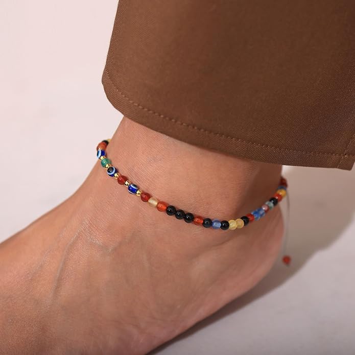 Evil Eye Ankle Bracelets for Women Beads Anklets Beach Accessiory Gemstone Healing Crystal Adjustable
