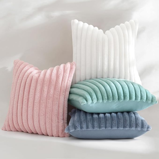 decorUhome Fall Faux Fur Throw Pillow Covers 24x24 Set of 2 White | Decorative Soft Cozy Striped Plush Modern Farmhouse Boho Couch Pillow Cases Velvet Back for Sofa Bed Living Room Home Decor