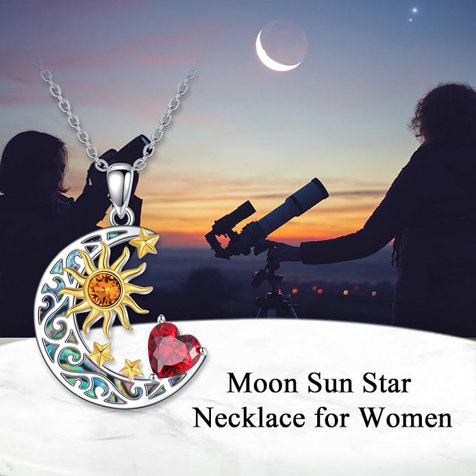 AOBOCO 925 Sterling Silver Sun and Moon Star Pendant Necklace with Simulated Birthstone, Birthday Christmas Jewelry Gift for Women Teen Girls