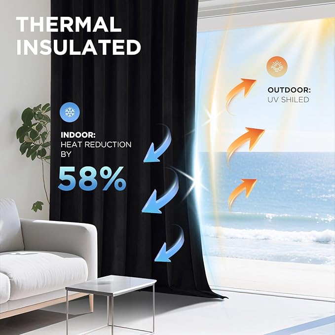 Joydeco Black 100% Blackout Curtains 120 Inch Curtains 2 Panels Set, Black Out Curtain for Bedroom Living Room, Luxury Heavy Duty Thermal Insulated Velvet Curtains Rod Pocket Back Tab, 52W x 120L | Luxury Thermal Insulated Velvet Curtains for Bedroom L...