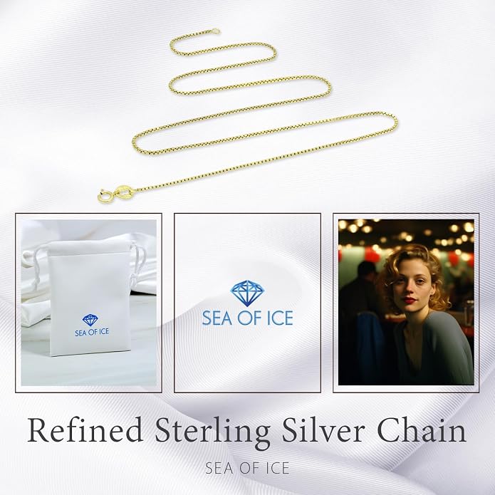 SEA OF ICE Chain Necklace 925 Sterling Silver with Ring Clasp Closure, Italian Box Necklace Chain Necklace for Women & Men, Available in Gold, Rose Gold, Silver, and Black Rhodium, Multisize