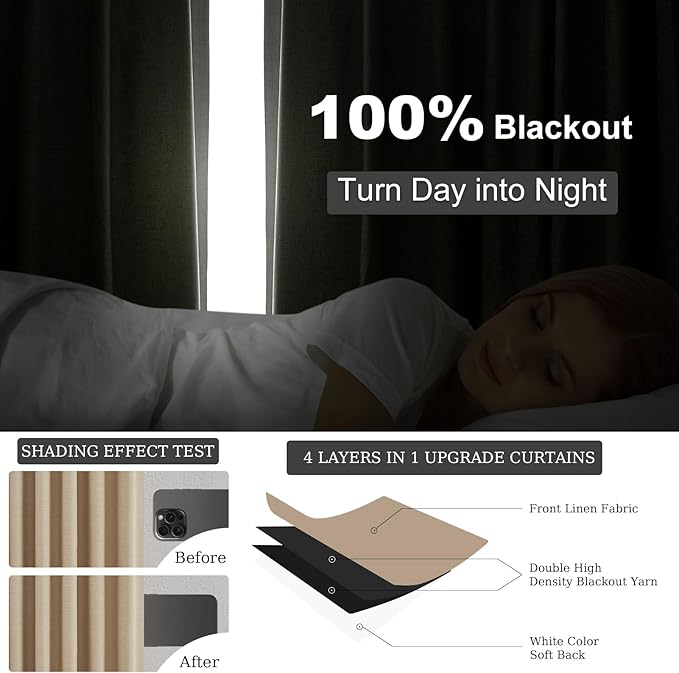 Topfinel Tan Blackout Curtains for Living Room 100 inch Long,Thick Linen Pinch Pleat Curtains with Hooks Bedroom Apartment Window Treatment 2 Panels,100 inch Length