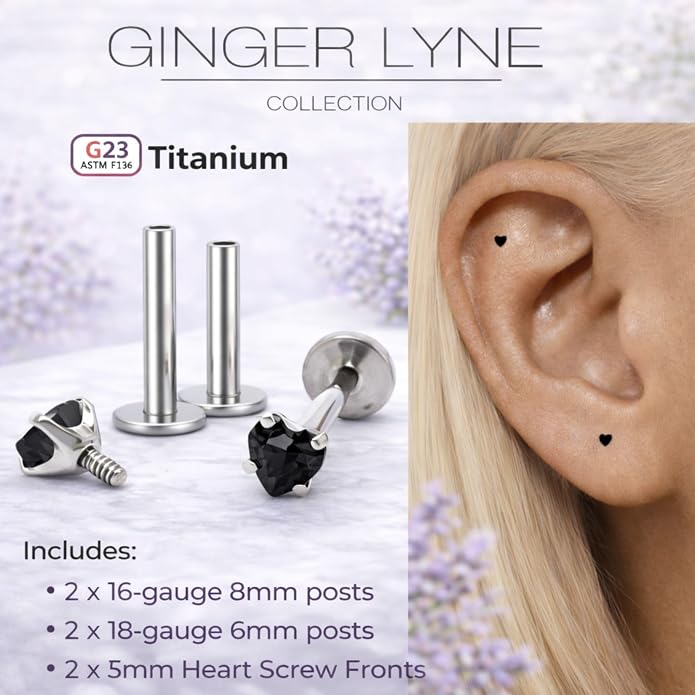 Titanium Heart CZ Labret Stud Earrings for Piercings by Ginger Lyne 6Pc Set G23 Screw Front Flat Back Body Jewelry 2 pair post 6mm, 8mm Cartilage, Helix, Tragus, Lip, Conch, Lobe