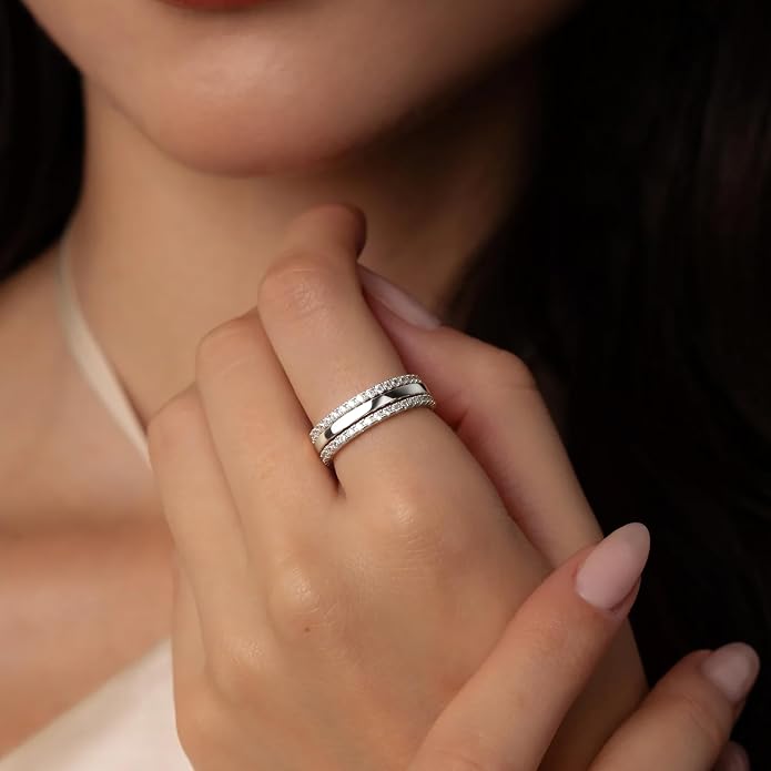 Purplepig Stackable Rings for Women Non Tarnish, Two Tone Mixed Metal Dainty Eternity Band Set, 14K Gold & Sterling Silver Plated Cubic Zirconia Hypoallergenic Wedding Thumb Pinky Rings Size 4-11