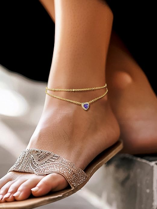 Richsteel Double Layer Heart/Butterfly Birthstone Anklet for Women Non Tarnish Waterproof, Silver/Gold/Black Stainless Steel 8.5-10.5 Inch Adjustable Chain Anklets Jewelry Gifts for Her