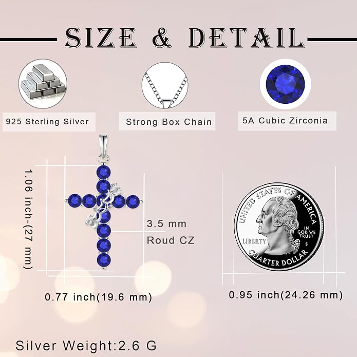 Rotated Crown Cross Necklaces for Women, 925 Sterling Silver Round Cut Zircon Neckalce Pendant With Ring Birthstones Jewelry for Her