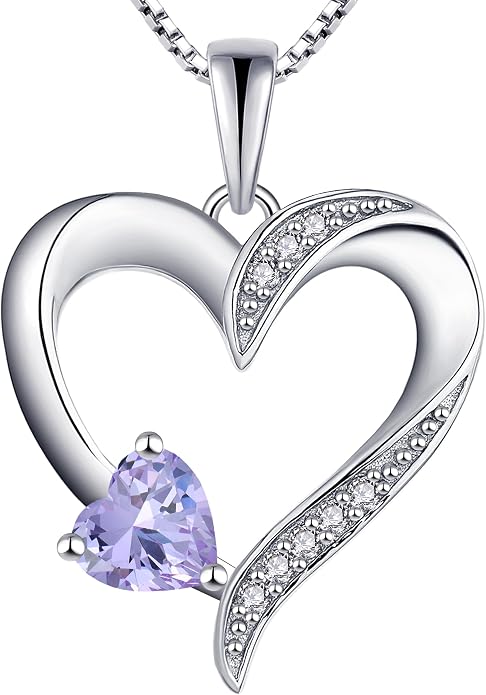 YL Heart Necklace 925 Sterling Silver Love Heart Pendant Birthstone Jewelry for Women