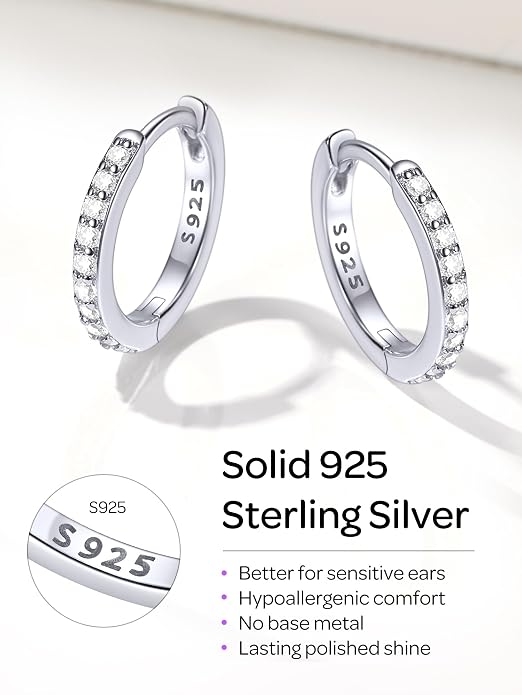 ChicSilver 925 Sterling Silver Huggie Earrings for Women 14K Gold Plated Silver Hoop Earrings for Women Hypoallergenic Small Cubic Zirconia Huggie Earring (6/8/10/12/14/16/18/20mm)