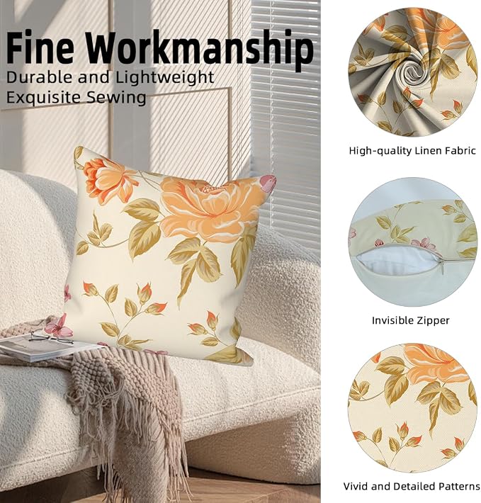 Spring Flower Throw Pillow Covers 24"x24" Set of 4, Vintage Yellow Floral Pillowcases Countryside Cushion Cases for Chair Sofa Bed Living Room Garden Car Indoor Outdoor Home Decoration