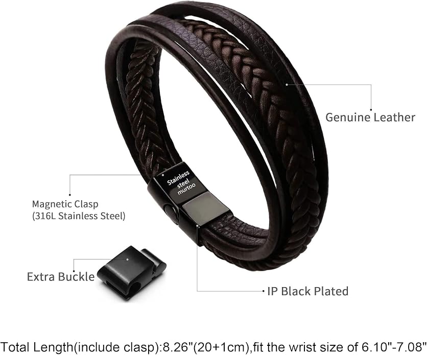murtoo Mens Leather Bracelet with Clasp Cowhide Multi-Layer Braided Leather Mens Bracelet