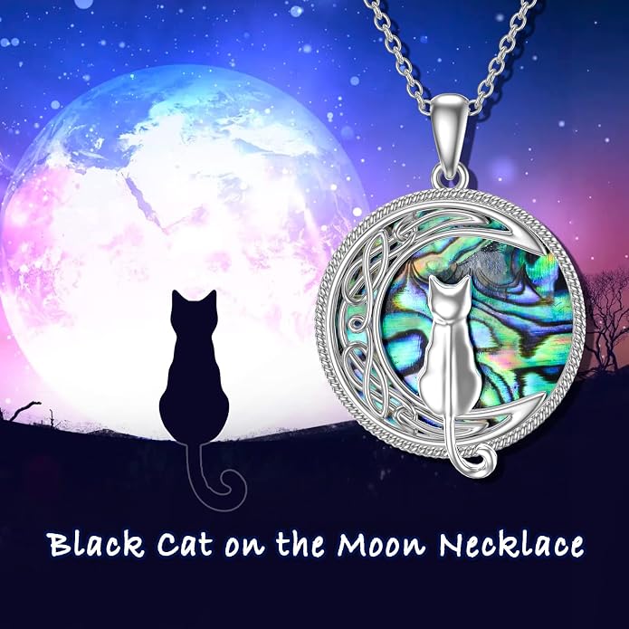 TOUPOP Cat Necklace Sterling Silver Abalone Shell Celtic Cat on the Moon with Abalone Shell Birthday Christmas Jewelry Gifts for Women