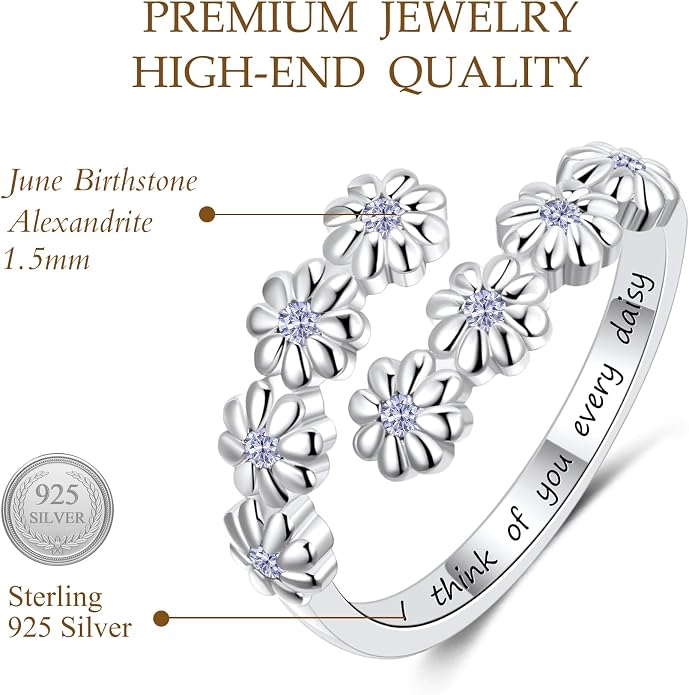 Dainty Daisy Ring for Women, S925 Sterling Silver Cubic Zirconia Sunflower Flower Ring For Daughter, I Think Of You Every Daisy Ring, Birthstone Flower Ring