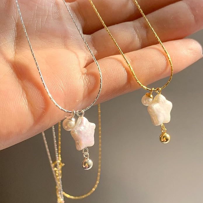 Baroque Pearl Necklaces for Women, Star Shaped Pearl Pendant Necklace Pentagram Natural Freshwater Pearl Choker Necklaces Jewelry Gift for Her, 18'' Chain with Extender