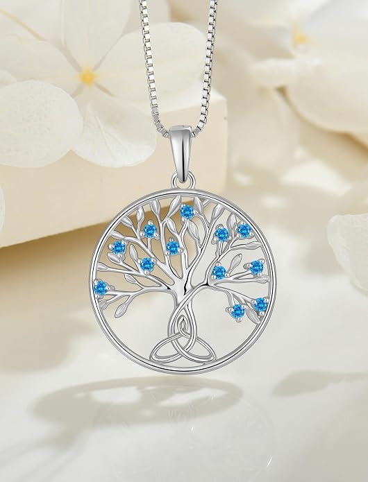Celtic Knot Tree Necklace 925 Sterling Silver Tree of Life Pendant Birthstone Jewelry for Women
