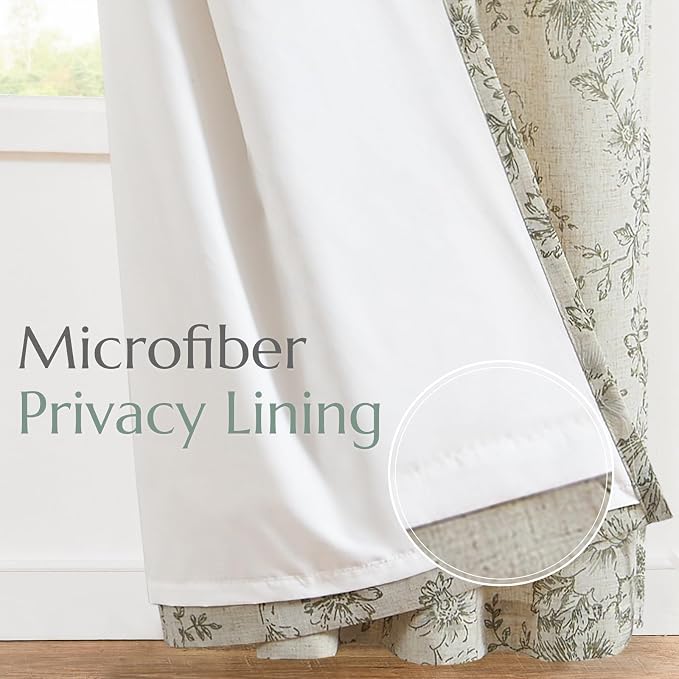jinchan Floral Linen Curtains Lined 108 Inch Farmhouse Back Tab 2 Panels | Privacy lining, light filtering drapes, vintage, cottagecore, french country, rustic, bedroom, living room, window treatment
