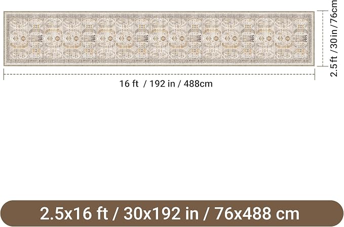 2'6" x 16'Non Slip Runner Rugs - Runners for hallways, Kitchen,Entryway,Stain Resistant Washable Rugs for Bedroom, Indoor Vintage Area Rugs (Brown/Gold,2'6" x 16')