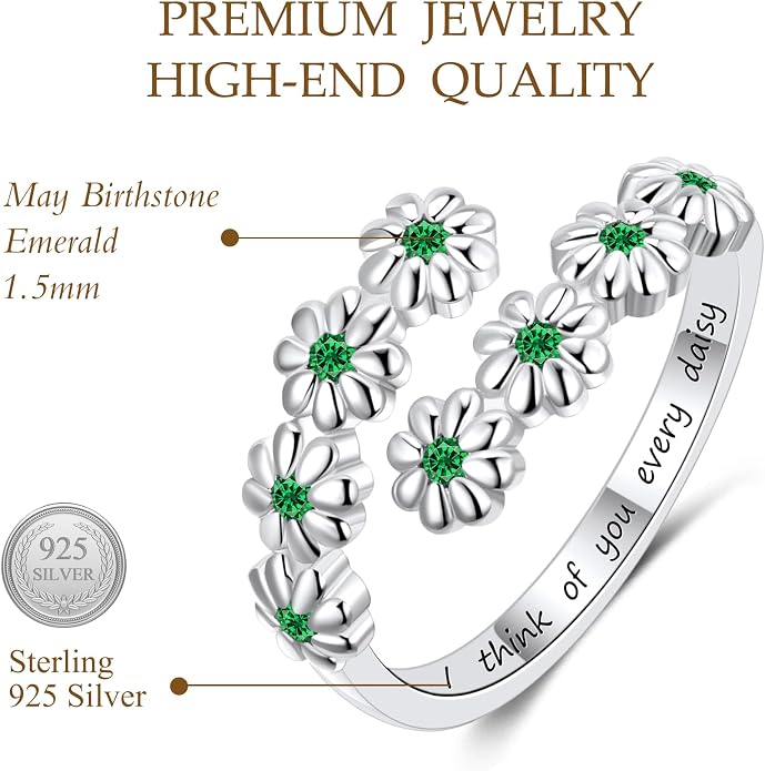 Dainty Daisy Ring for Women, S925 Sterling Silver Cubic Zirconia Sunflower Flower Ring For Daughter, I Think Of You Every Daisy Ring, Birthstone Flower Ring