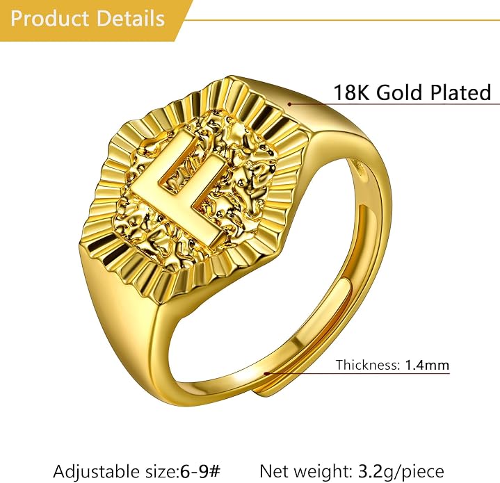 U7 Initial Ring Wedding Band for Men Women 18K Gold Plated Statement Hexagon A-Z Letter Jewelry Personalized Stackable Signet Rings