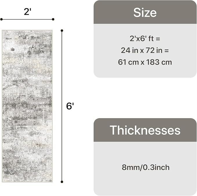 GENIMO Runner Rug Non Slip 2x6, Washable Rug Runner for Hallways Kitchen, Abstract Modern Kitchen Rugs, Low Pile Lightweight Carpet Runners for Entryway, Bedroom, Laundry, Grey Beige