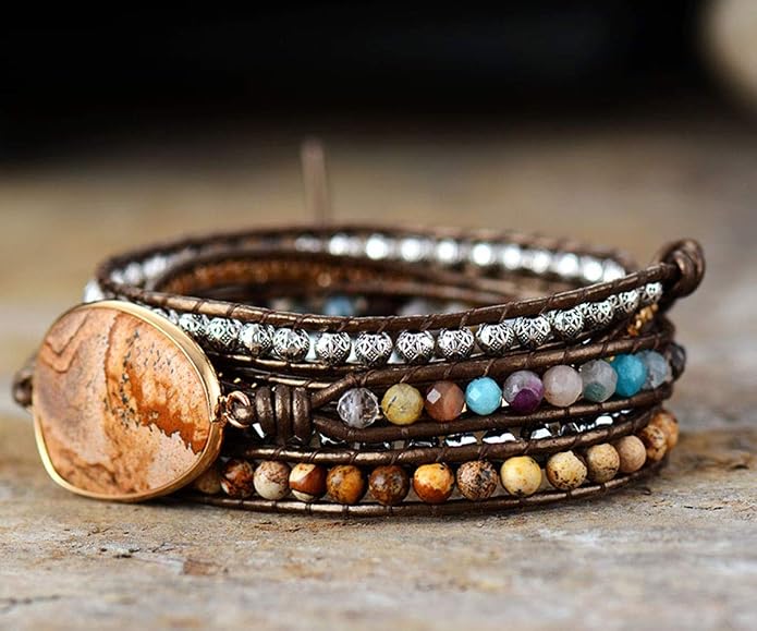 Boho Wrap Bracelet for Women, Handmade Natural Imperial Jasper Multi-Layer Stone Beaded Bracelet, Bohemian Healing Crystal Stone Jewelry Gifts
