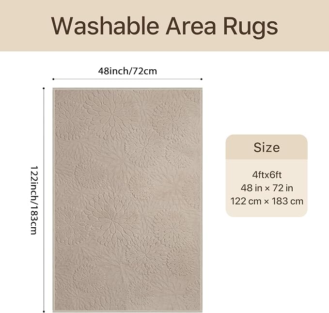 GENIMO Soft Washable Area Rugs 4x6, 3D Modern Floral Rugs for Living Room, High-Low Pile Textured Non Slip Fuzzy Shag Carpet, Non-Shedding Stain Resistant Light Brown Rugs for Bedroom, Dining Room