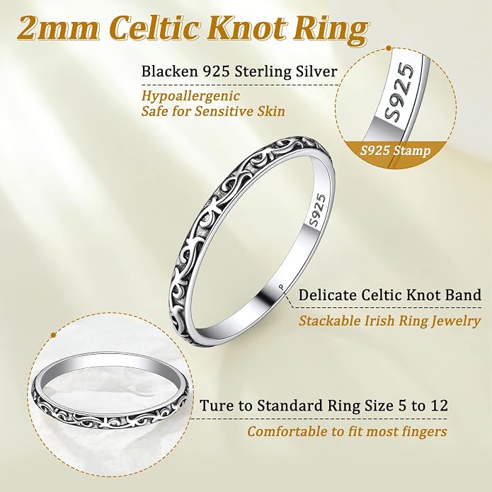 Suplight S925 Sterling Silver Celtic Knot/Evil Eye/Infinity Symbol Band Ring, 2/3/5/8mm Vintage Finger Thumb Ring for Women Size 4-13 (with Gift Box)