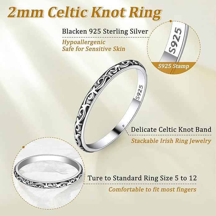 Suplight S925 Sterling Silver Celtic Knot/Evil Eye/Infinity Symbol Band Ring, 2/3/5/8mm Vintage Finger Thumb Ring for Women Size 4-13 (with Gift Box)