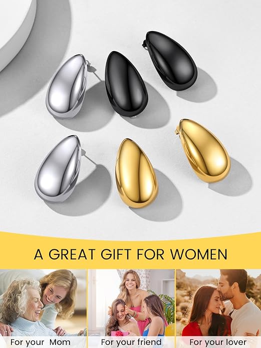 KeyStyle Chunky Gold Hoop Earrings for Women Trendy, Stainless Steel TearDrop Hoops Earring, Lightweight Water Drop Ear Jewerly
