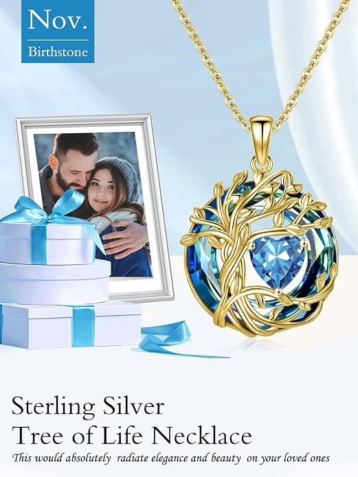 TOUPOP Tree of Life Birthstone Necklace Sterling Silver Pendant Birthstone Necklaces with Blue Crystal Anniversary Birthday Jewelry for Women Mom Wife Her
