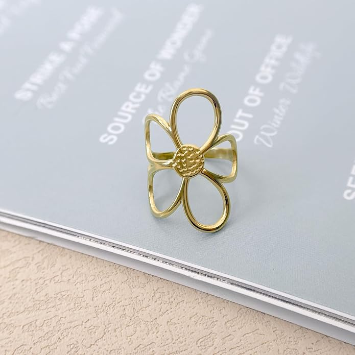 Gold Chunky Rings for Women Asymmetrical Wavy Curve Thumb Ring Irregular Thick Open Statement Rings Adjustable Stainless Steel Flower Finger Rings Non Tarnish