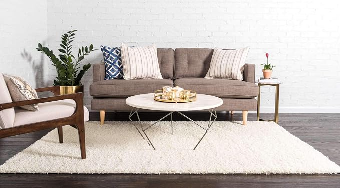 Unique Loom Solid Shag Collection Area Rug (8' x 11' Rectangle, Pure Ivory) | Modern Solid rug, stain and water resistant, doesn't shed, easy to clean, kid and pet friendly. Ideal for the living room.