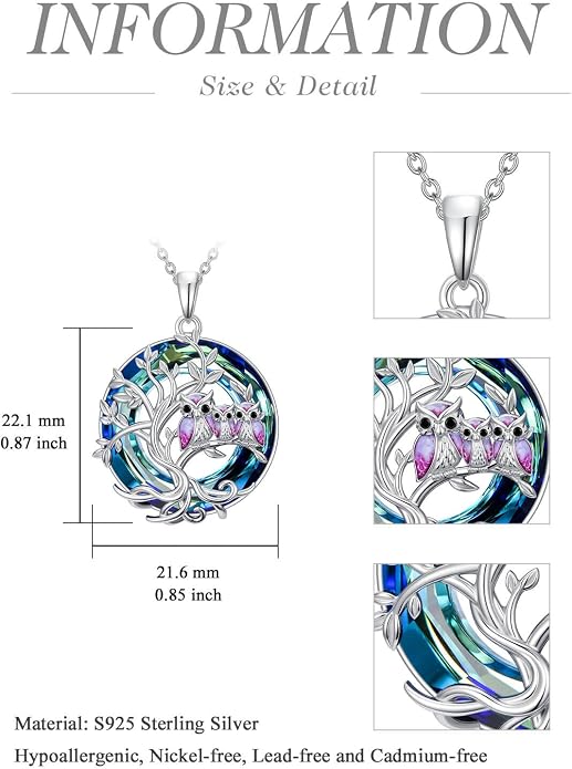 TOUPOP Sterling Silver Tree of Life Hummingbird/Dragonfly/Owl/Panda Necklace Crystal Bird Jewelry Birthday Christmas Valentines Day Gifts for Her Girlfriend Mom