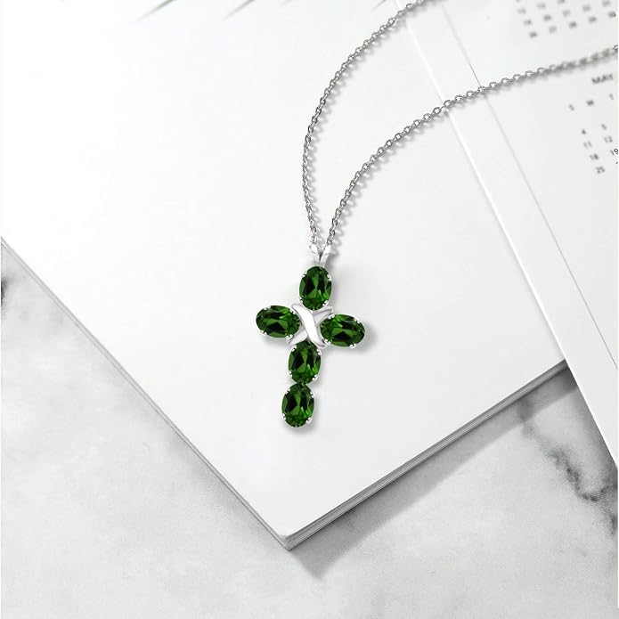 Gem Stone King Cross Pendant Necklace for Women | 925 Sterling Silver | 6X4MM Gemstone Birthstone | Jesus Christian Religious Crucifix Jewelry Gifts | 18 Inch Chain
