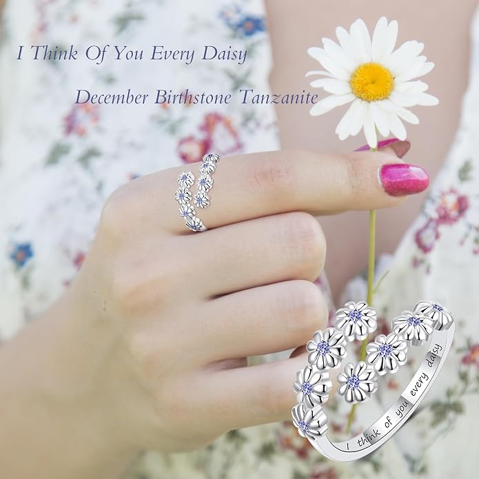 Dainty Daisy Ring for Women, S925 Sterling Silver Cubic Zirconia Sunflower Flower Ring For Daughter, I Think Of You Every Daisy Ring, Birthstone Flower Ring