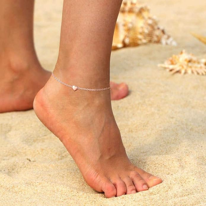 ChicSilver Personalized 925 Sterling Silver Tiny Heart/Moon/Star/Sun/Dot/Triangle Anklets Simple Dainty Foot Jewelry for Women, Silver/Gold Plated/Rose Gold Plated
