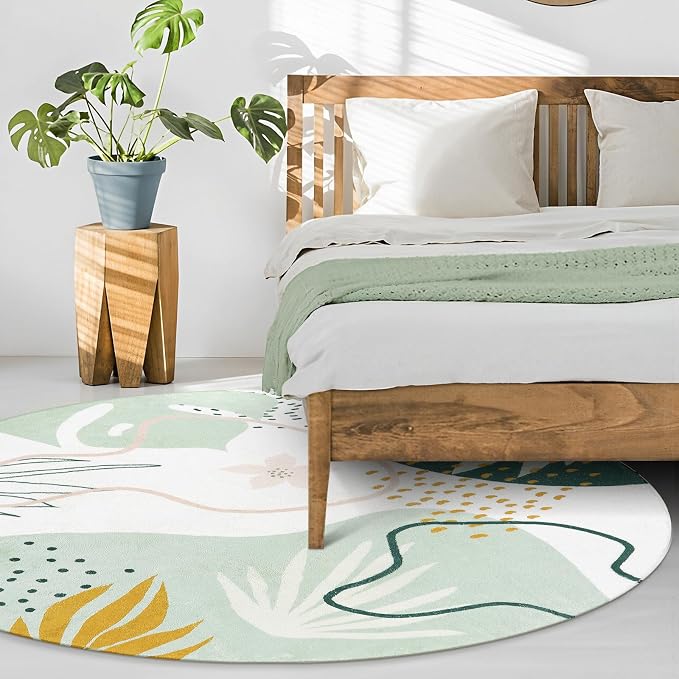 Lahome Green 8 Ft Round Rug - Washable Round Area Rug for Living Room Throw Soft Boho Round Rug Large Non-Slip Dining Room Rug, Botanical Print Round Carpet for Bedroom Office (Green,8'x8')