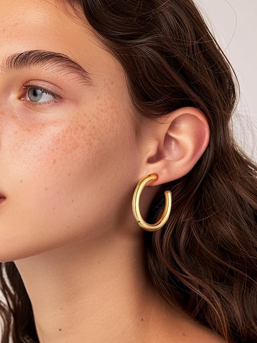 Stainless Steel Chunky Hoop Earrings For Women, Minimalist and Chic, Black/Gold Plated, Round Hoops Earrings Hypoallergenic, Size: 30mm/40mm/60mm/80mm, Come with Box