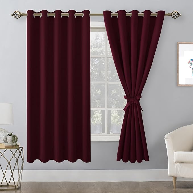 Hiasan Blackout Curtains for Bedroom, 60 x 63 Inches Length - Thermal Insulated & Light Blocking Window Curtains for Living Room Christmas Decor, 2 Drape Panels Sewn with Tiebacks, Burgundy