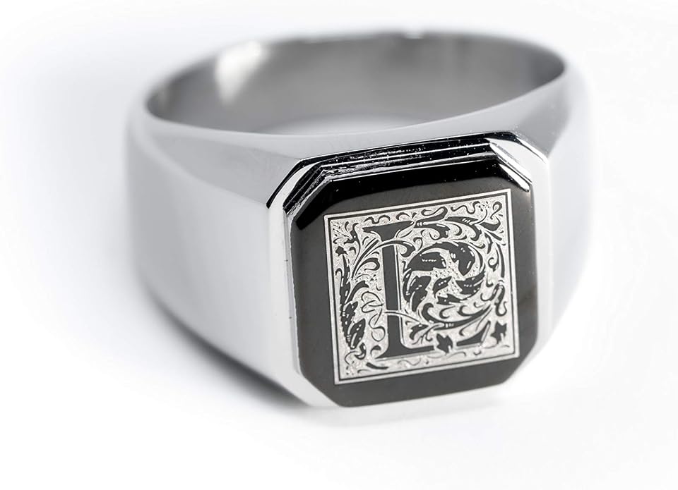 Jewelry | Stainless Steel Letter Alphabet Initial Ring | Square Flat Top Ring for Men & Women | Stainless Steel Jewelry, (Black, Gold, Silver), Size 7-16