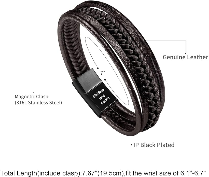 murtoo Mens Leather Bracelet with Clasp Cowhide Multi-Layer Braided Leather Mens Bracelet