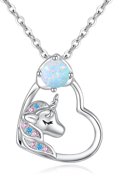 CDE Christmas Gift for women Cute Unicorn Birthstone Necklace for Girls Daughter 925 Sterling Silver Opal Heart Pendant Graduation Birthday Christmas Jewelry Gift for Teenage Girls Niece