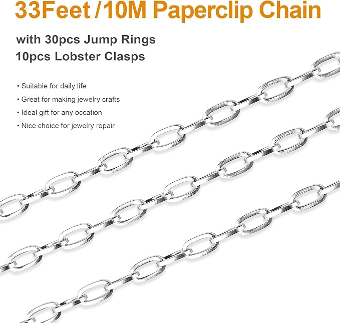Kyutong 32.8 Feet Flat Oval Paperclip Jewelry Chain Link Silver Stainless Steel Chain Necklace Long Crafting Chains with Lobster Clasps and Open Jump Rings