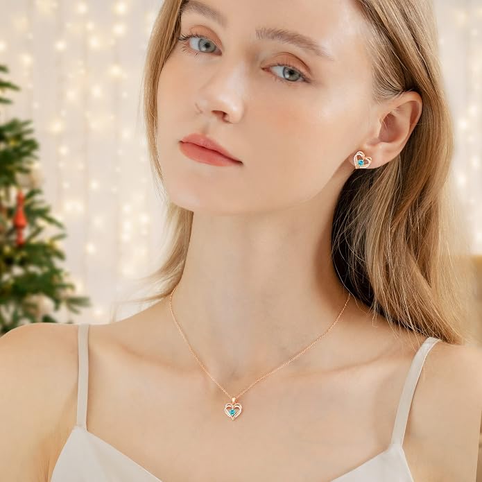 CDE Jewelry Sets for Women Love Heart Pendant Necklaces Earrings, 925 Sterling Silver with Birthstone Zirconia, Birthday Jewelry Gift for Wife Girlfriend Her