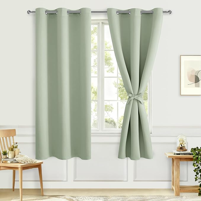 Hiasan Blackout Curtains for Bedroom, 42 x 72 Inches Long - Thermal Insulated & Light Blocking Window Curtains for Living Room/Kids Room, 2 Drape Panels Sewn with Tiebacks, Seafoam Green